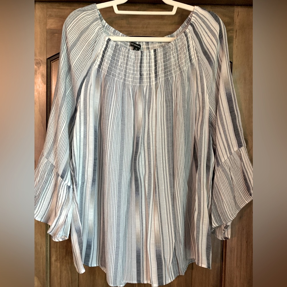 Zac & Rachel blue white stripes top shirt blouse 2X -ruffle sleeves off shoulder